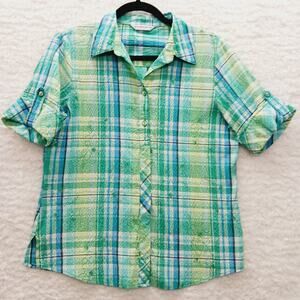 Blouse Size ?XLP Plaid Seersucker Soft Girl Coastal Casual Embroidered Floral
